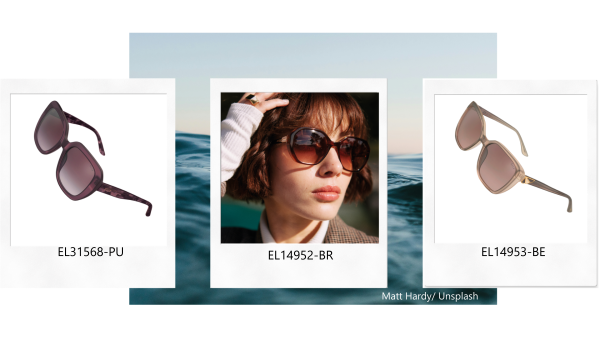 Three pairs of ELLE sunglasses in purple, brown, and beige against a poolside backdrop with rippling water.
