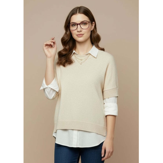 Woman wearing Aristar eyeglasses in a casual outfit, lightweight optical frames for everyday comfort