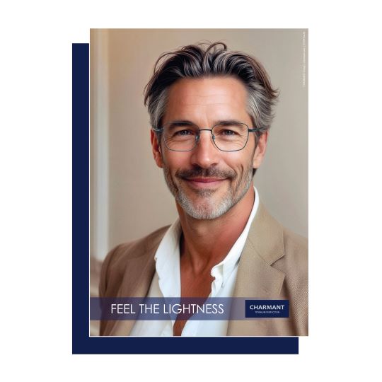 Campaign image of a man wearing CHARMANT Titanium Perfection eyewear