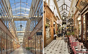 Passage du grand cerf & Passage des panoramas - ©OTCP-Marc-Bertrand, @David Pendery Wikimedia Commons covered passages in Paris