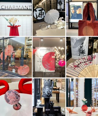 Eine Collage von Schaufensterdekorationen von Optikergeschäften zum Thema Japan mit CHARMANT-Brillen.