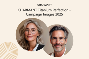 AI-generated campaign visuals of a woman and a man wearing CHARMANT Titanium Perfection eyeglasses.