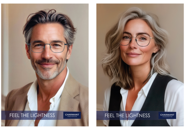 Two CHARMANT Titanium Perfection campaign visuals, showing a mature man and woman wearing titanium eyeglasses with the tagline “Feel the Lightness”.
