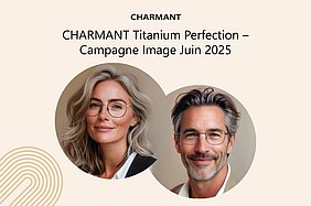 Visuels de campagne générés par IA représentant une femme et un homme portant des lunettes CHARMANT Titanium Perfection.