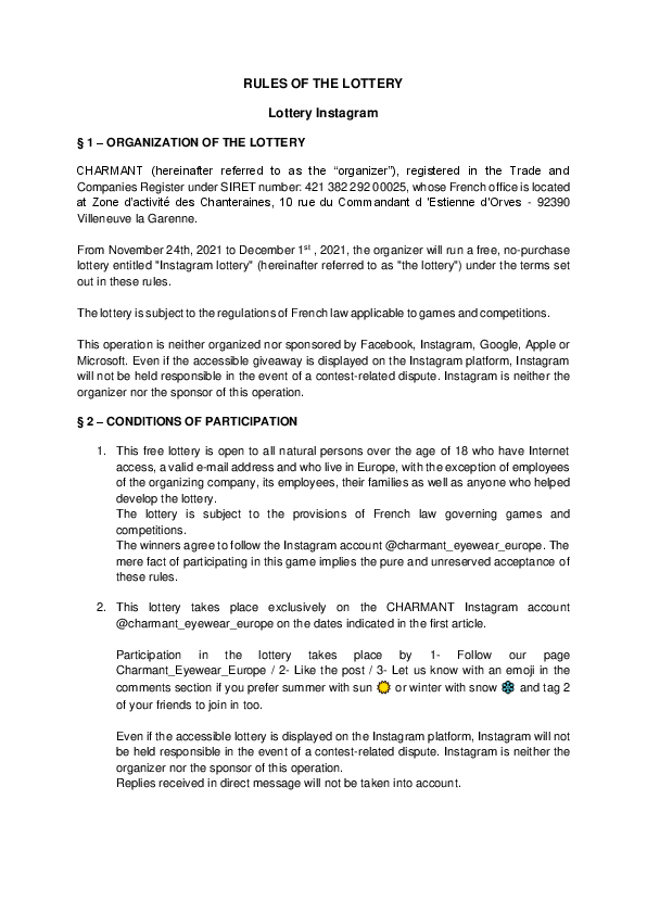 Règlement jeu concours Intagram page 1