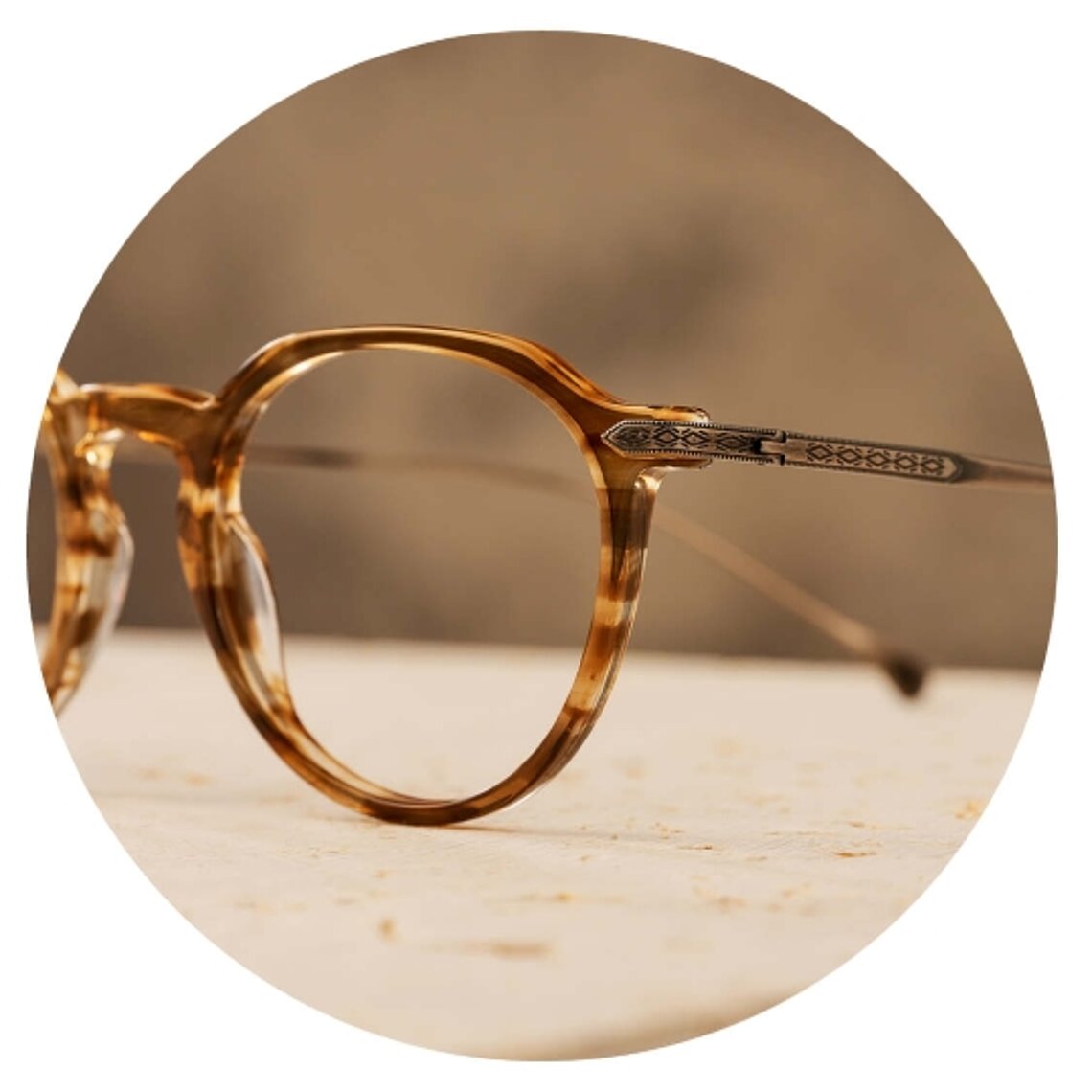 Detail of Minamoto titanium and acetate eyeglasses frame highlighting craftsmanship