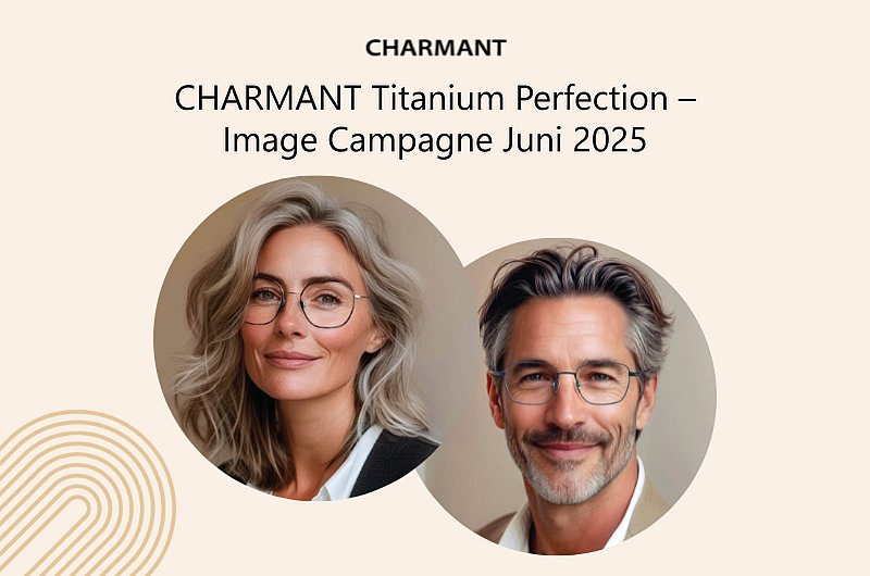 AI-gegenereerde campagnebeelden van een vrouw en een man met een CHARMANT Titanium Perfection-bril.